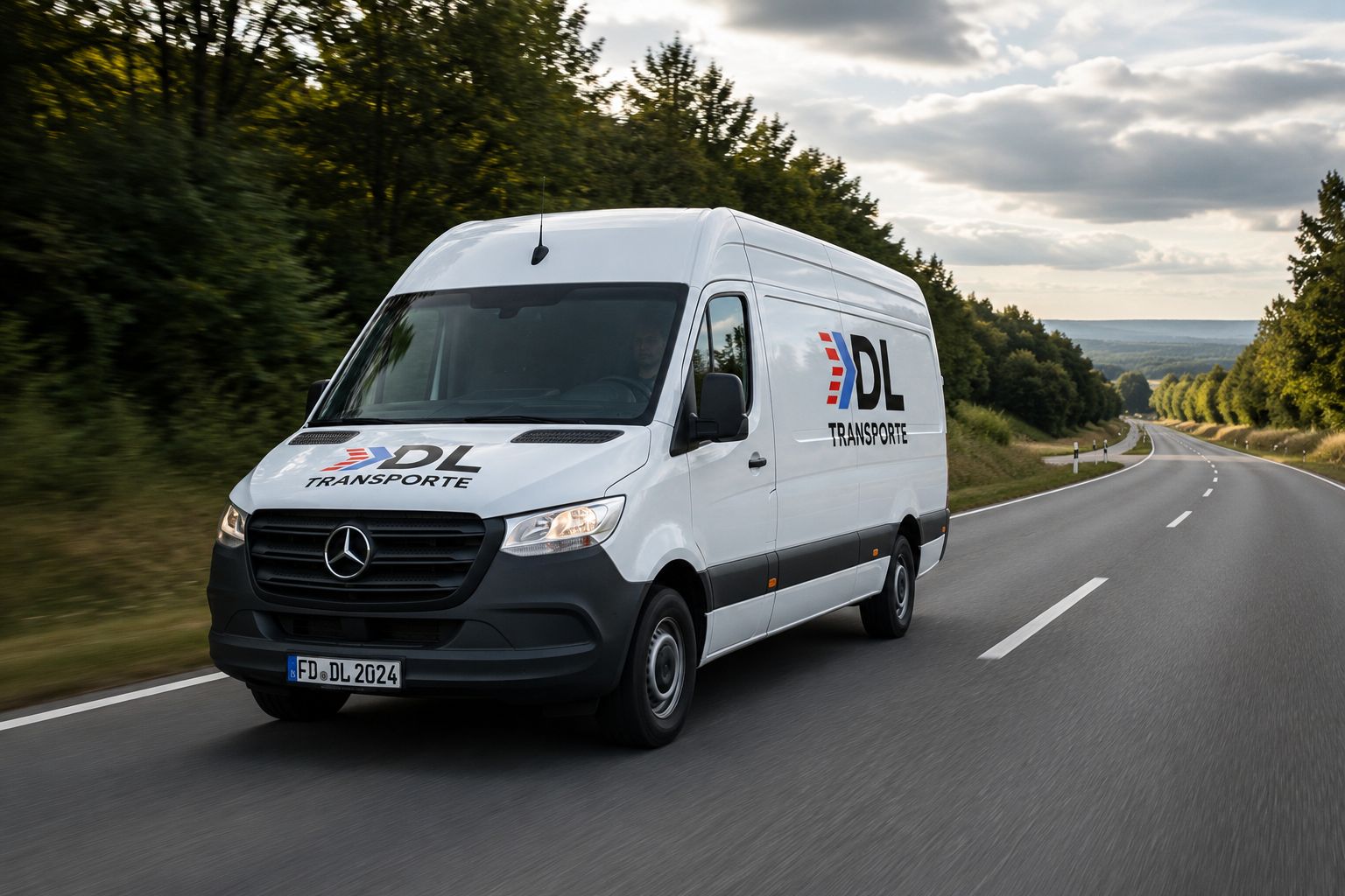 Transporter von DL Transporte auf der Landstraße im Expresseinsatz