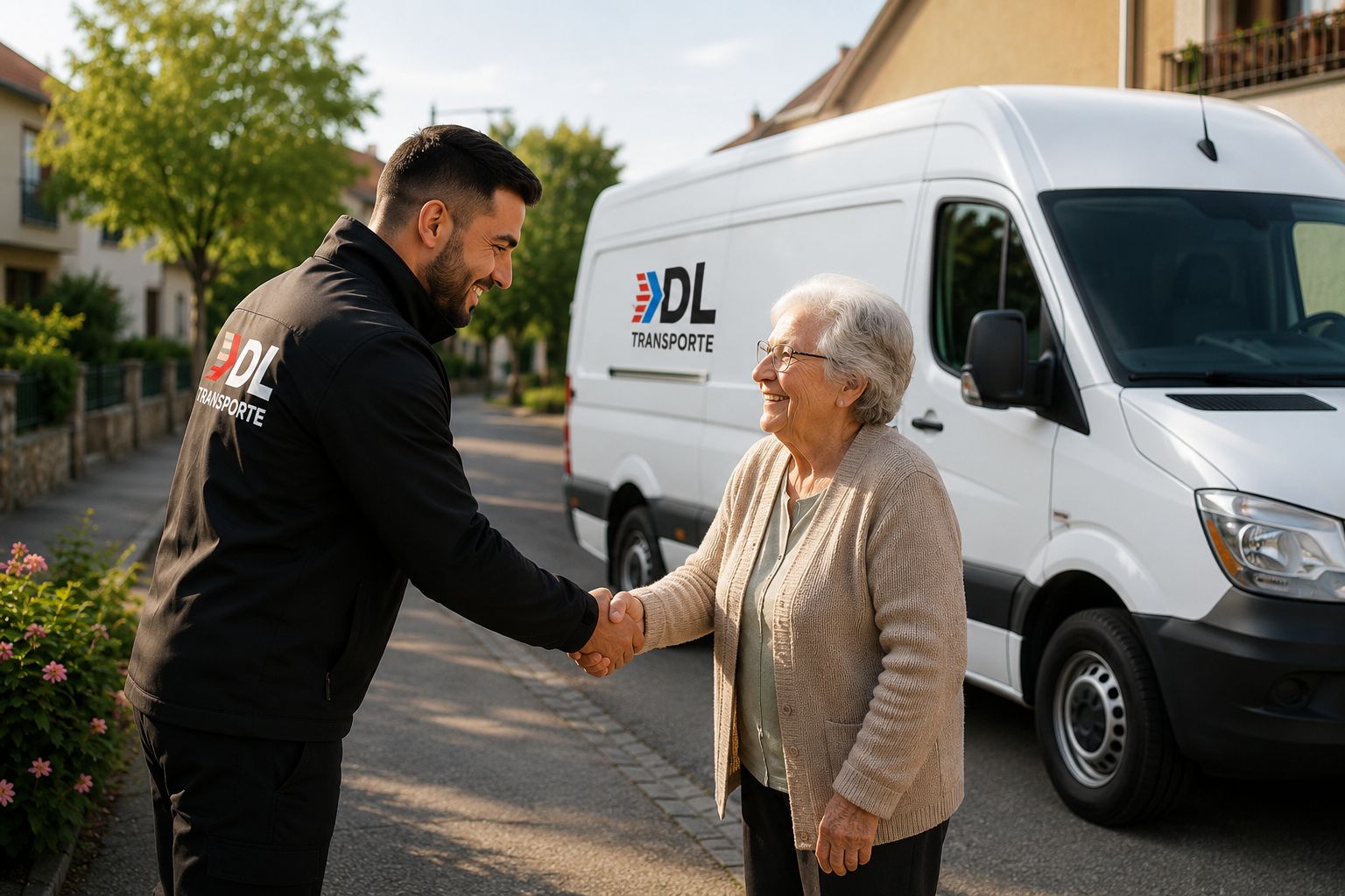 Fahrer von DL Transporte begrüßt eine Kundin vor dem Lieferfahrzeug