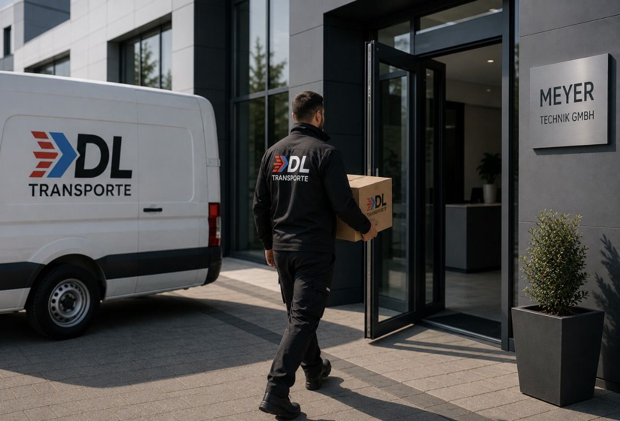 Kurierfahrer von DL Transporte bringt ein Paket zum Empfänger